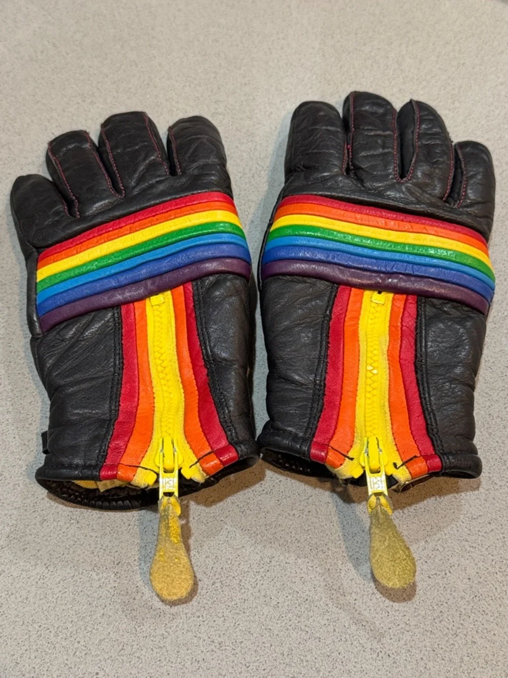 VINTAGE KOMBI RAINBOW STRIPE LEATHER SKI GLOVES BLACK RETRO 70s MADE IN JAPAN
